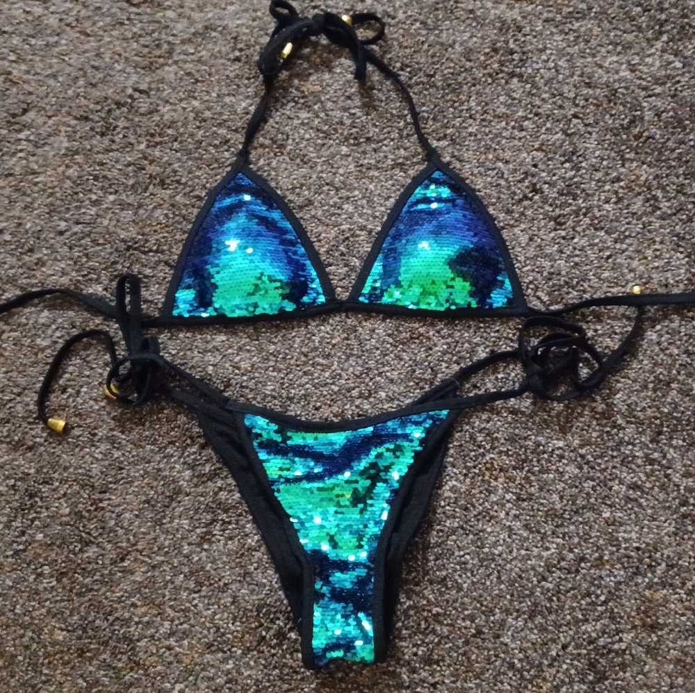 Sequin Triangle Bikini Set - Blue Green